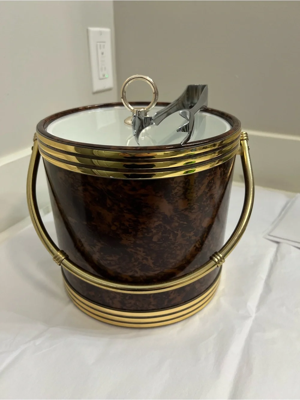 Vintage-Inspired Brown & Gold Ice Bucket with Tongs